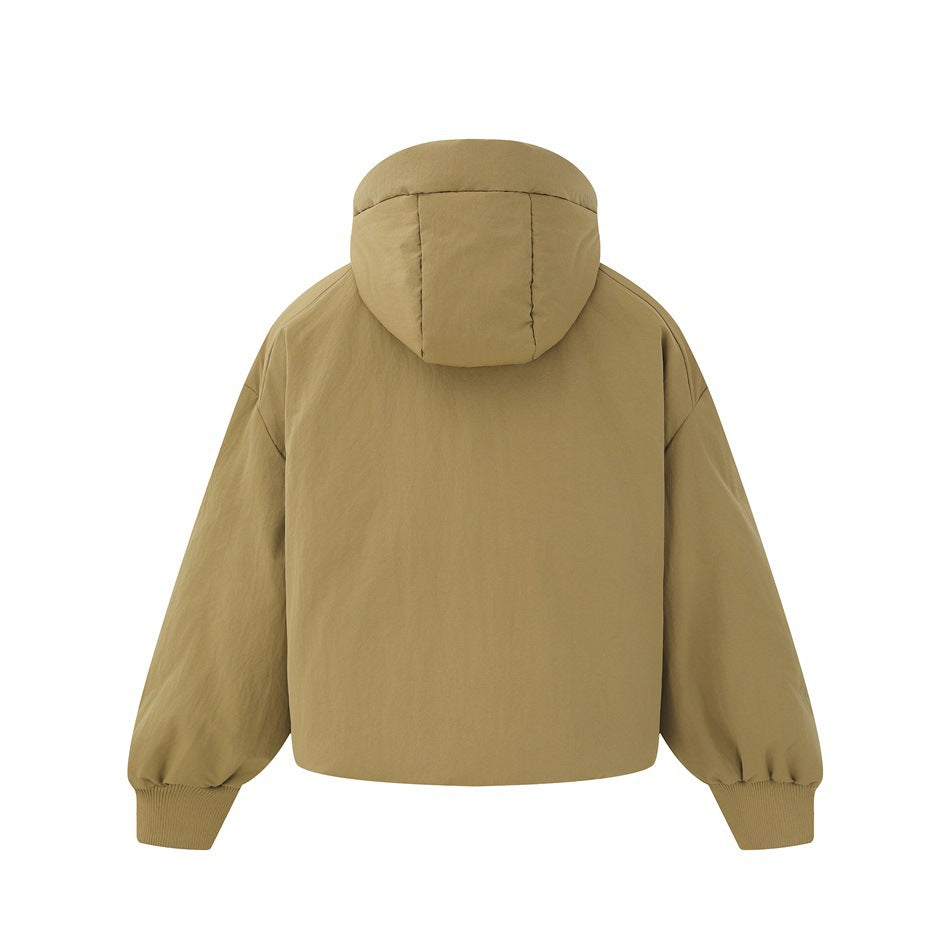 Back view of a tan hooded jacket with a plain body, roomy sleeves, and ribbed cuffs.