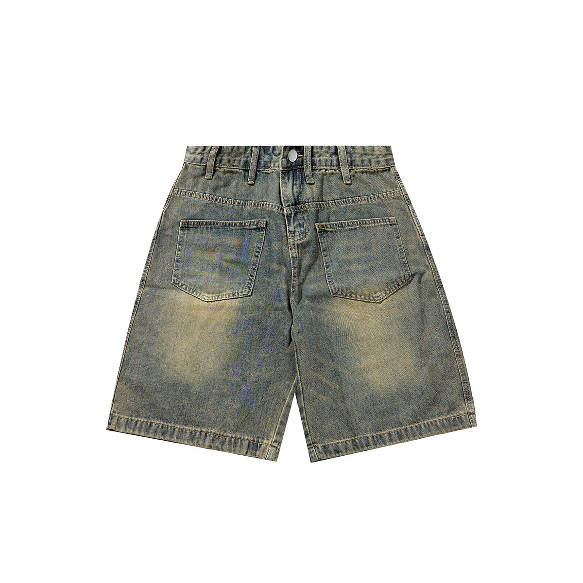 Washed blue knee-length denim shorts with yellow-tan fading, belt loops, button closure and two large patch pockets
