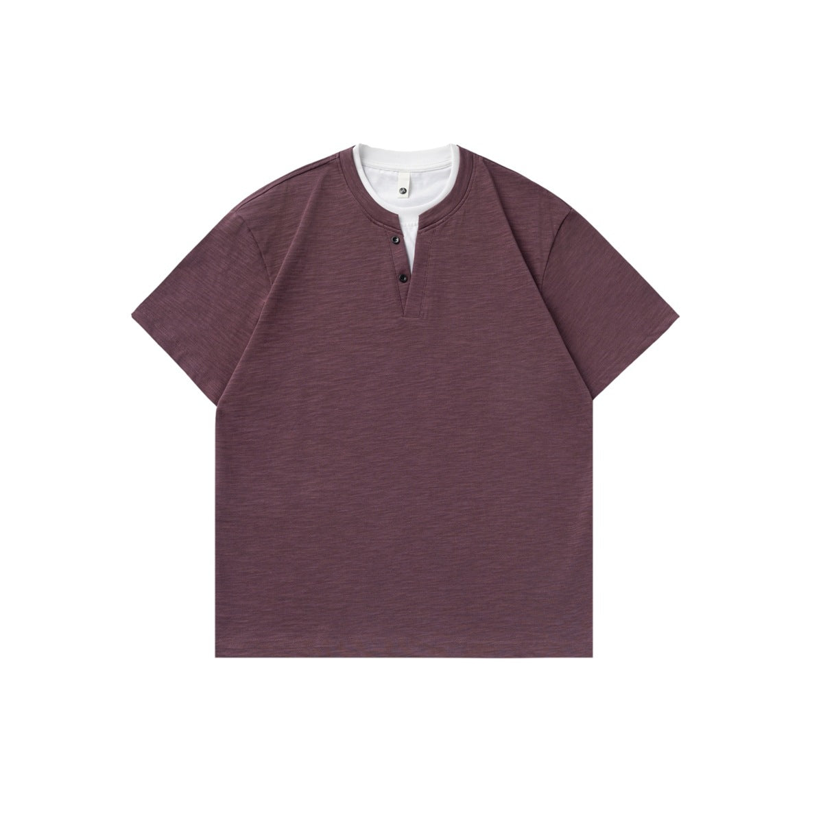 Plum short-sleeve T-shirt with white layered neckline and two dark buttons, flat lay