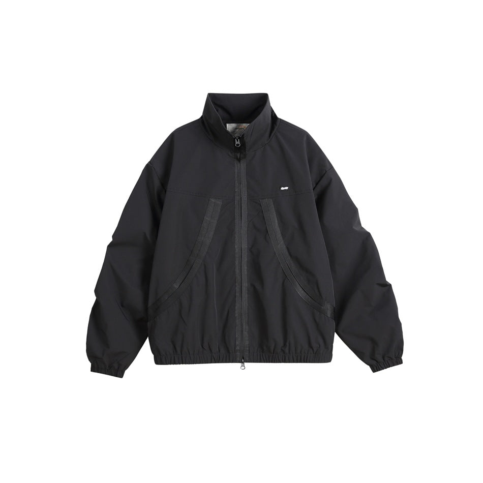 Black stand-collar zip jacket with curved tonal tape trim, elastic cuffs and hem, flat front view