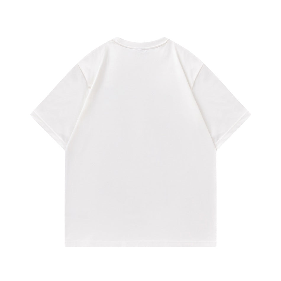 Back view of a plain white short-sleeve crew-neck t-shirt with dropped shoulders