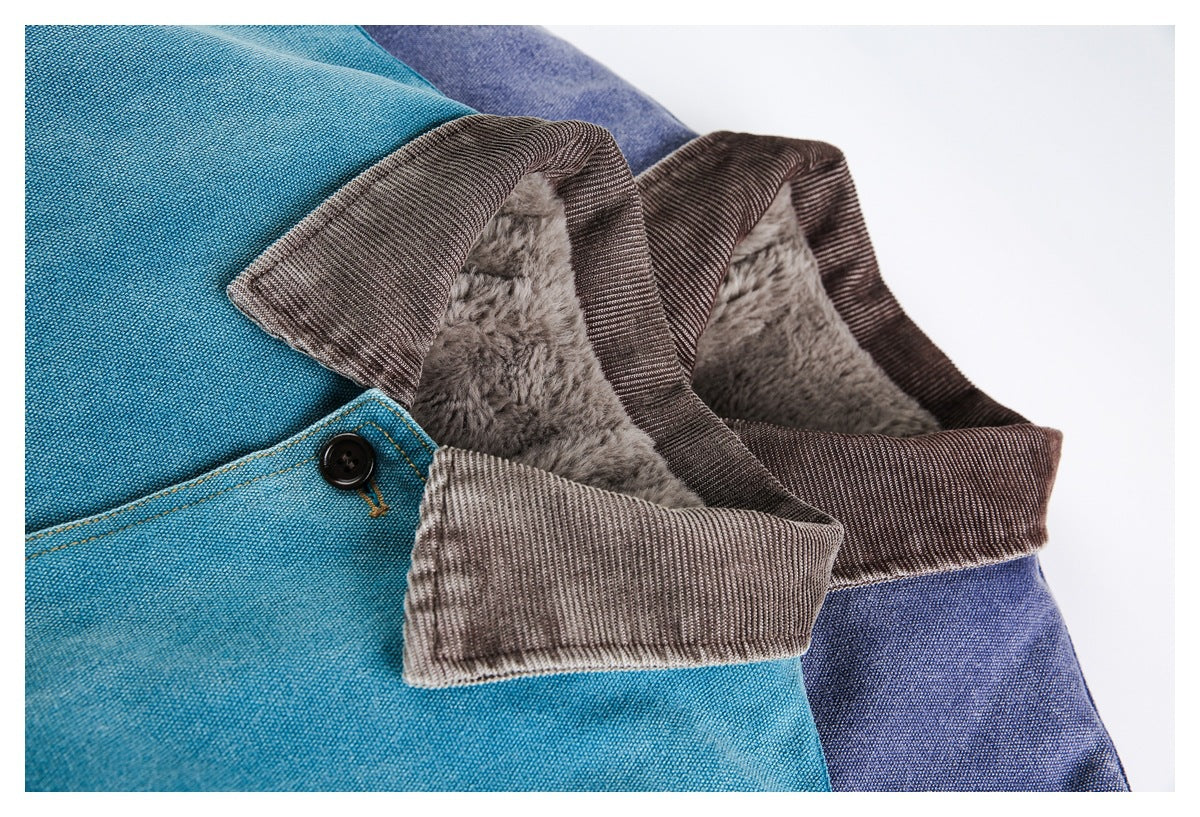 Close-up of teal and indigo jacket collars showing gray plush lining and dark brown collar fabric.
