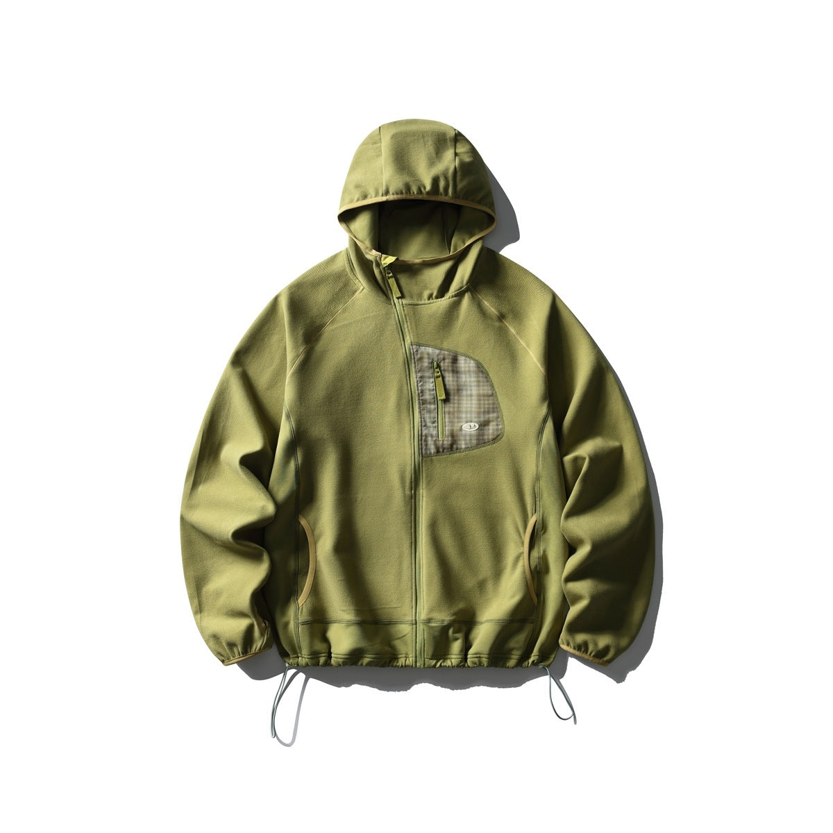 Yellow-green hooded zip jacket flat lay with plaid zip chest pocket and drawcord hem