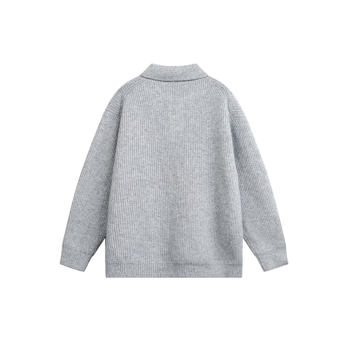 Back view of a gray ribbed knit sweater with a folded collar, long sleeves, and ribbed hem and cuffs.