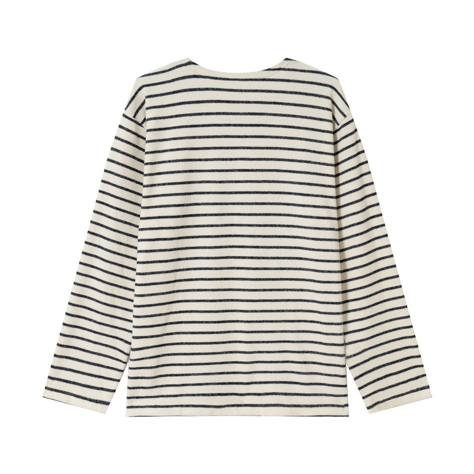 Front view of a cream long-sleeve top with thin horizontal black stripes and a wide round neckline.