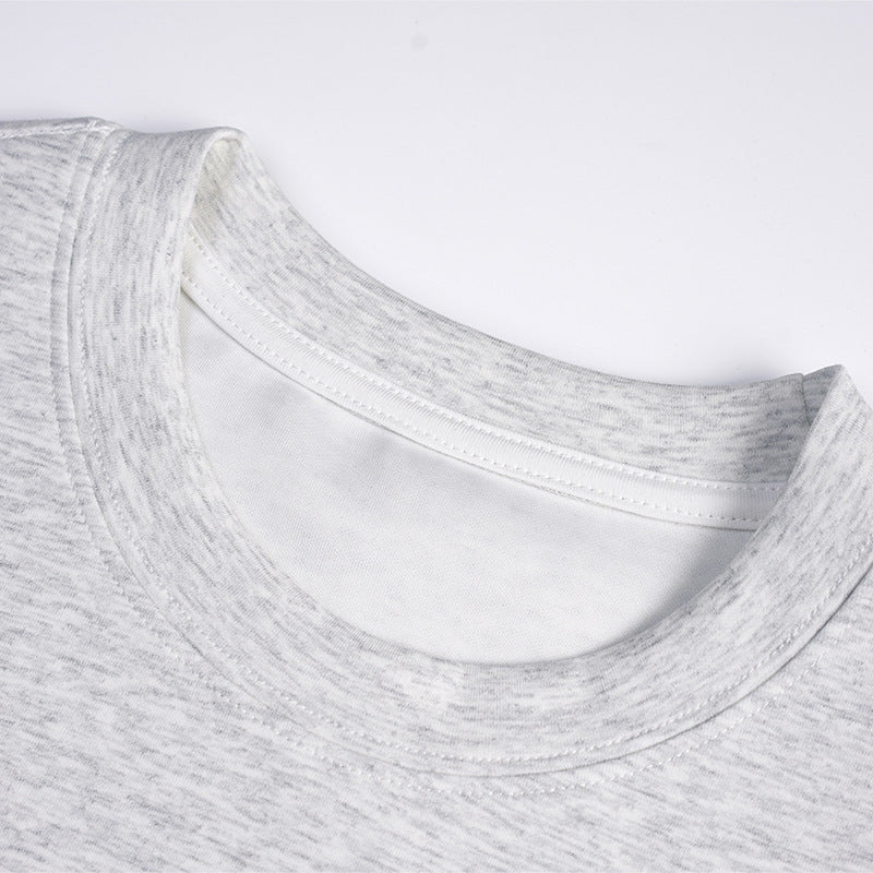 Close-up of the heather gray crew-neck T-shirt collar and inner neckline stitching.