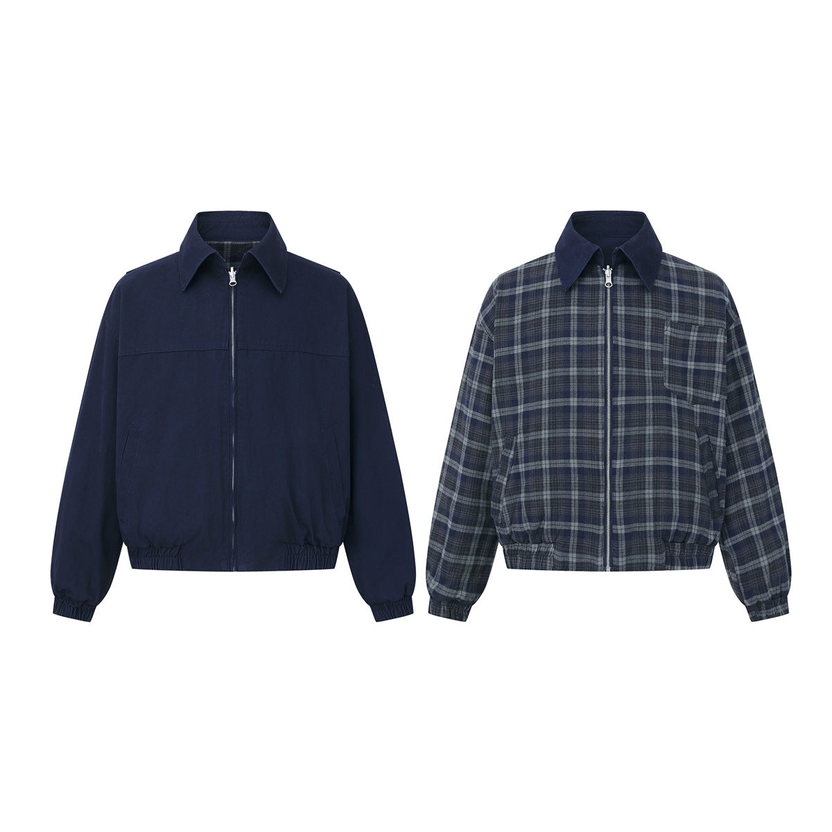 Reversible zip jacket shown flat, solid navy side beside navy and gray plaid side