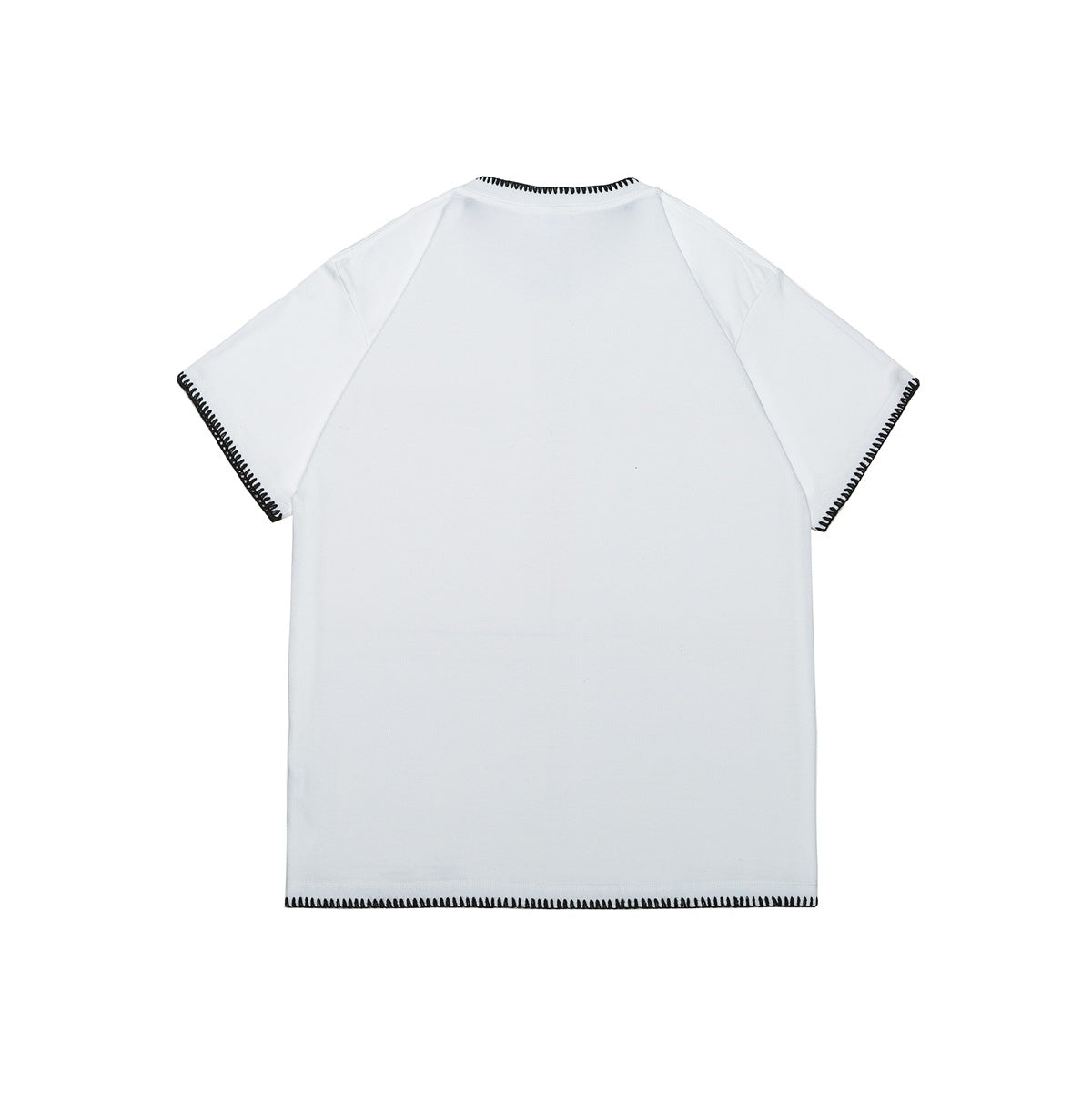 Back view of a white short-sleeve T-shirt with black blanket stitching at the neckline, sleeve edges, and hem.