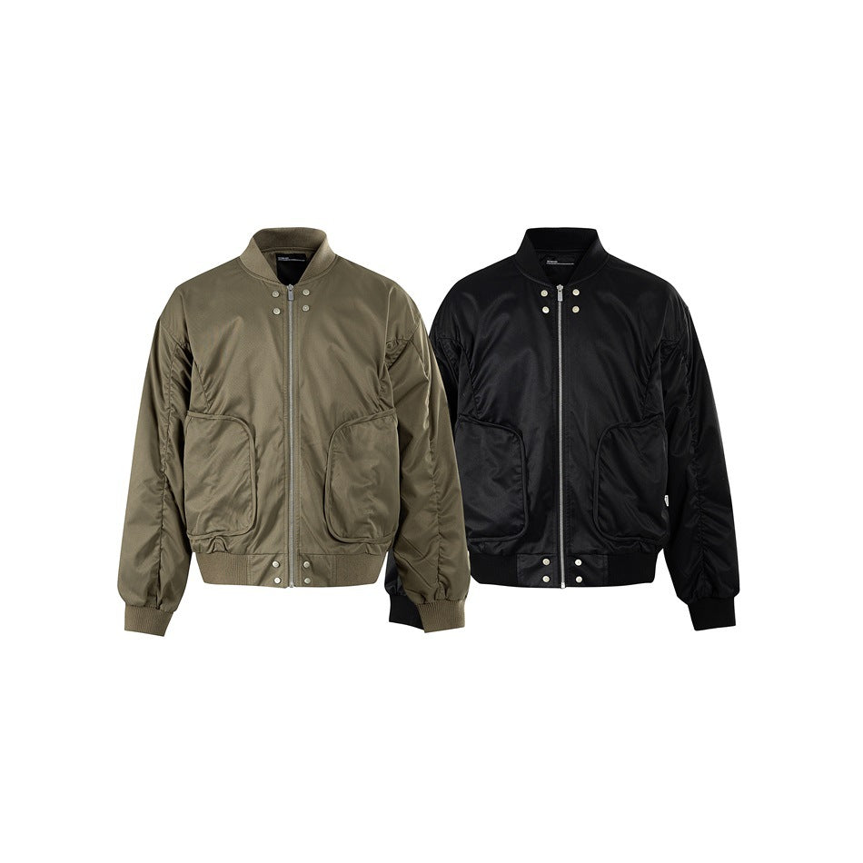 Front views of the same zip-front jacket in olive and black, with ribbed trims and large patch pockets.