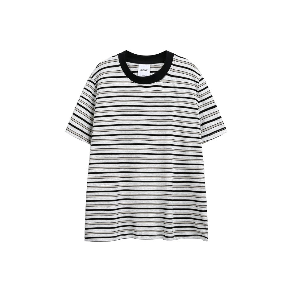 Heather gray T-shirt with black and beige stripes and a black ribbed crew collar, flat lay front view