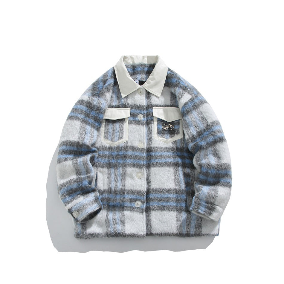 Blue, gray and white plaid button-front jacket with off-white collar and flap chest pockets, flat view