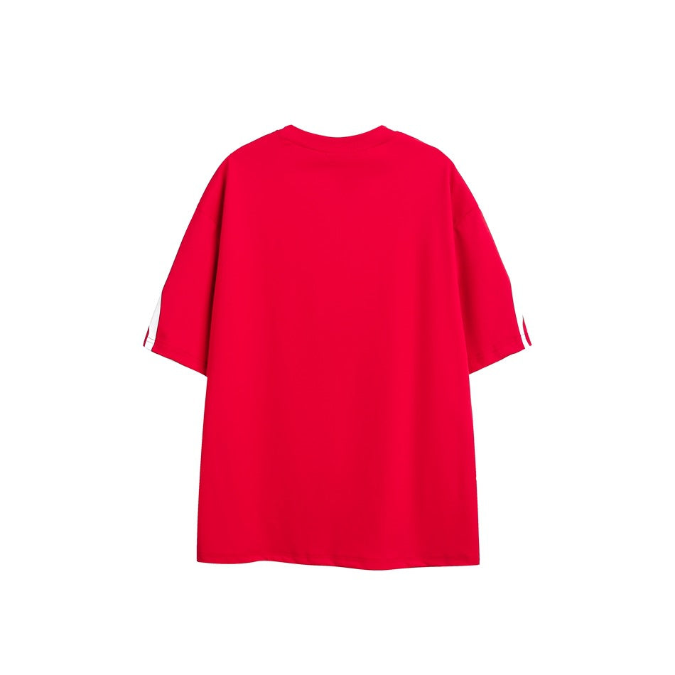 Back view of red short-sleeve T-shirt with plain back, crew neck and white accent panels on the sleeves