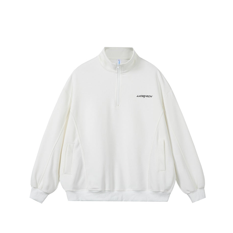 White half-zip stand-collar sweatshirt, front flat view with small chest logo, slanted pockets and ribbed cuffs