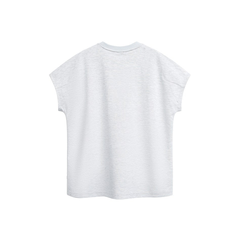 Light heather gray cap-sleeve crew-neck tee, back view, with plain back and ribbed-look neckband
