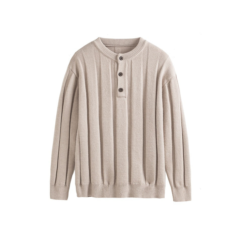 Apricot ribbed knit sweater with round neck and three-button placket, flat front view