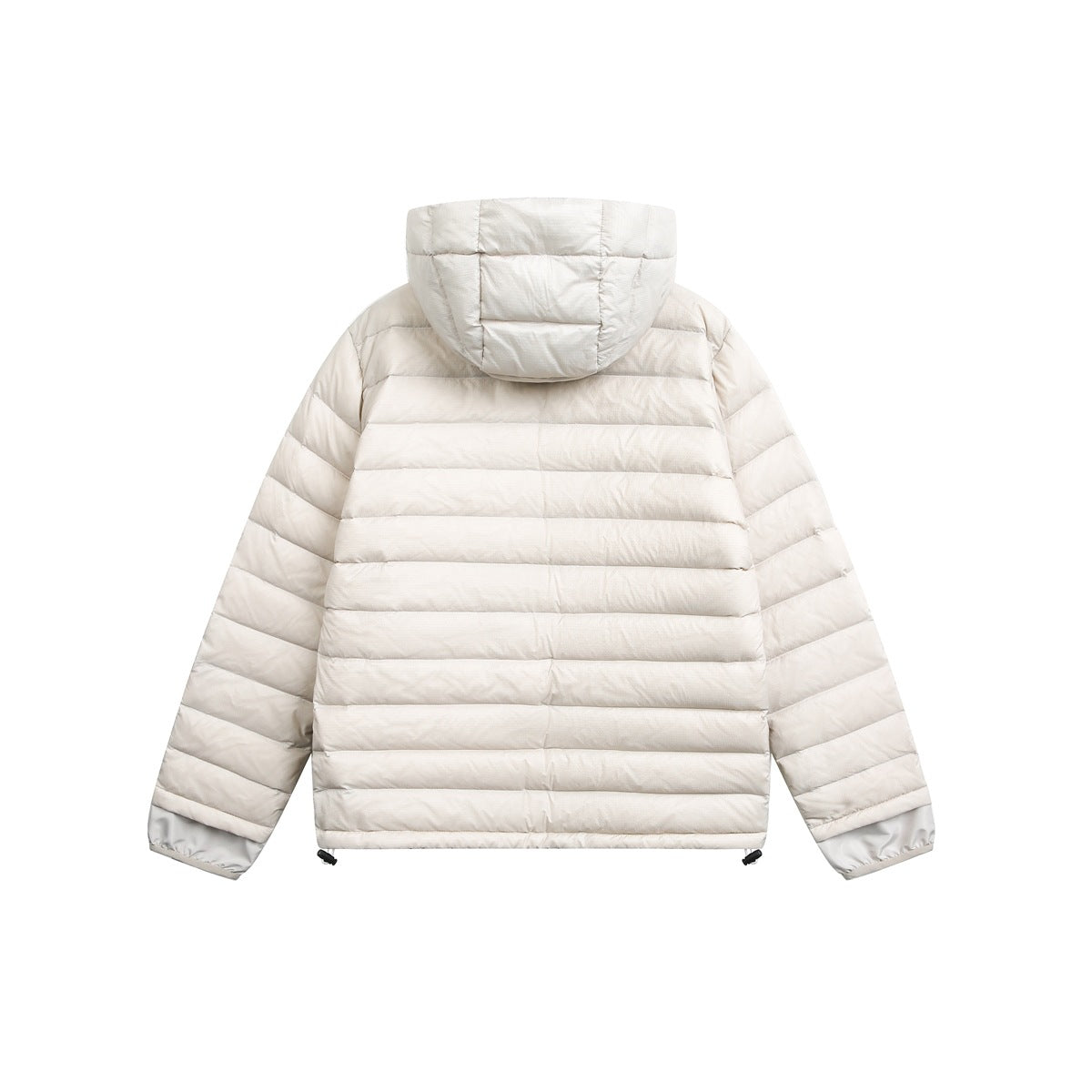 Back view of an ivory hooded puffer jacket with horizontal quilting and light-colored cuffs.