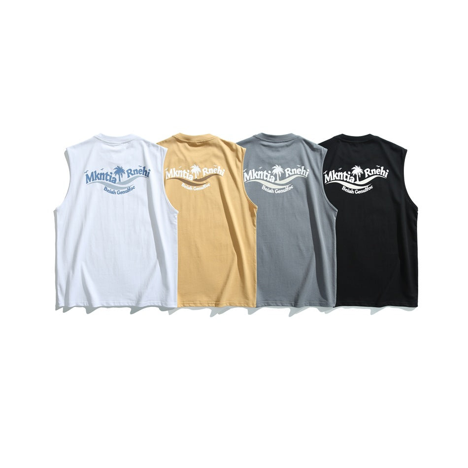 Rear views of four sleeveless shirts in white, tan, gray, and black, each with a large back graphic.