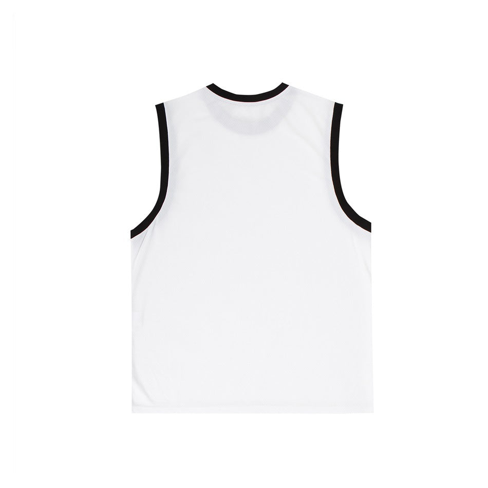 Back view of a white sleeveless crew-neck tank top with black binding at the neckline and armholes, flat lay