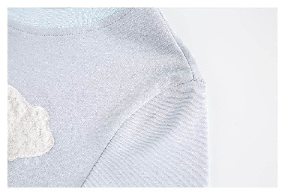 Close-up of the pale blue top's shoulder seam and sleeve construction.