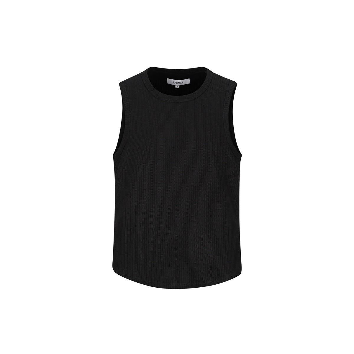 Black ribbed sleeveless crew-neck tank top, front view flat on white