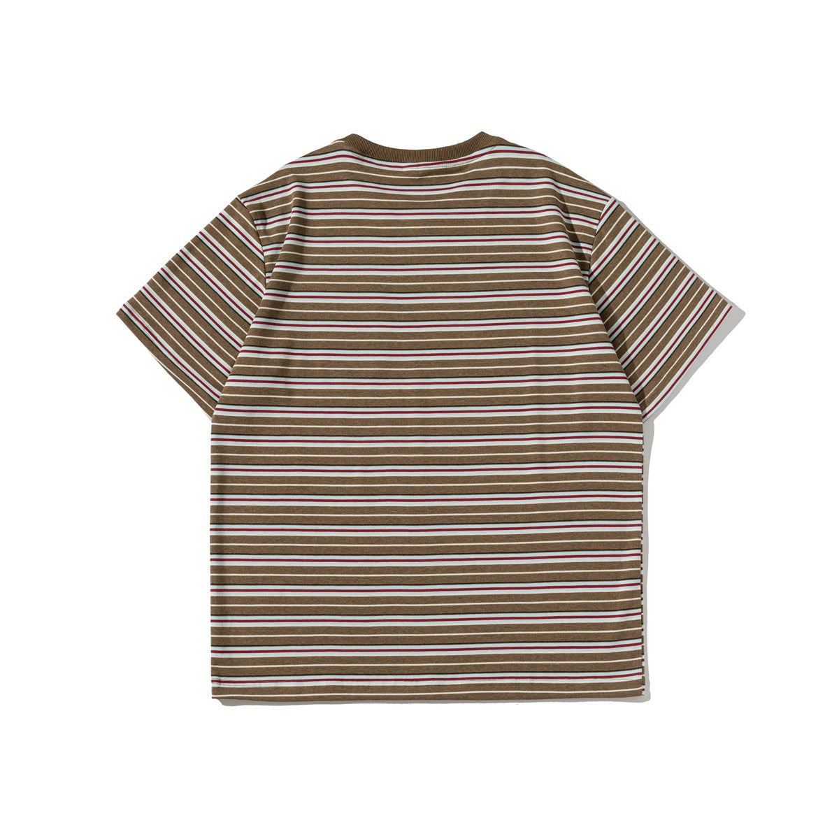 Back view of a short-sleeve brown T-shirt with narrow cream, pale blue, red, and dark stripes.