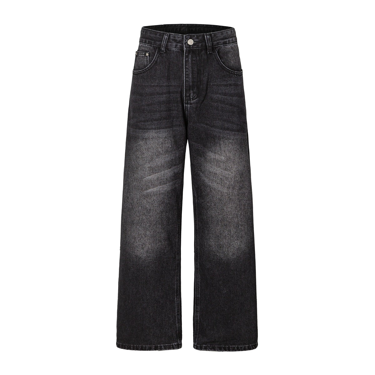 Faded black wide-leg jeans with light wash wear, front view on a plain white background