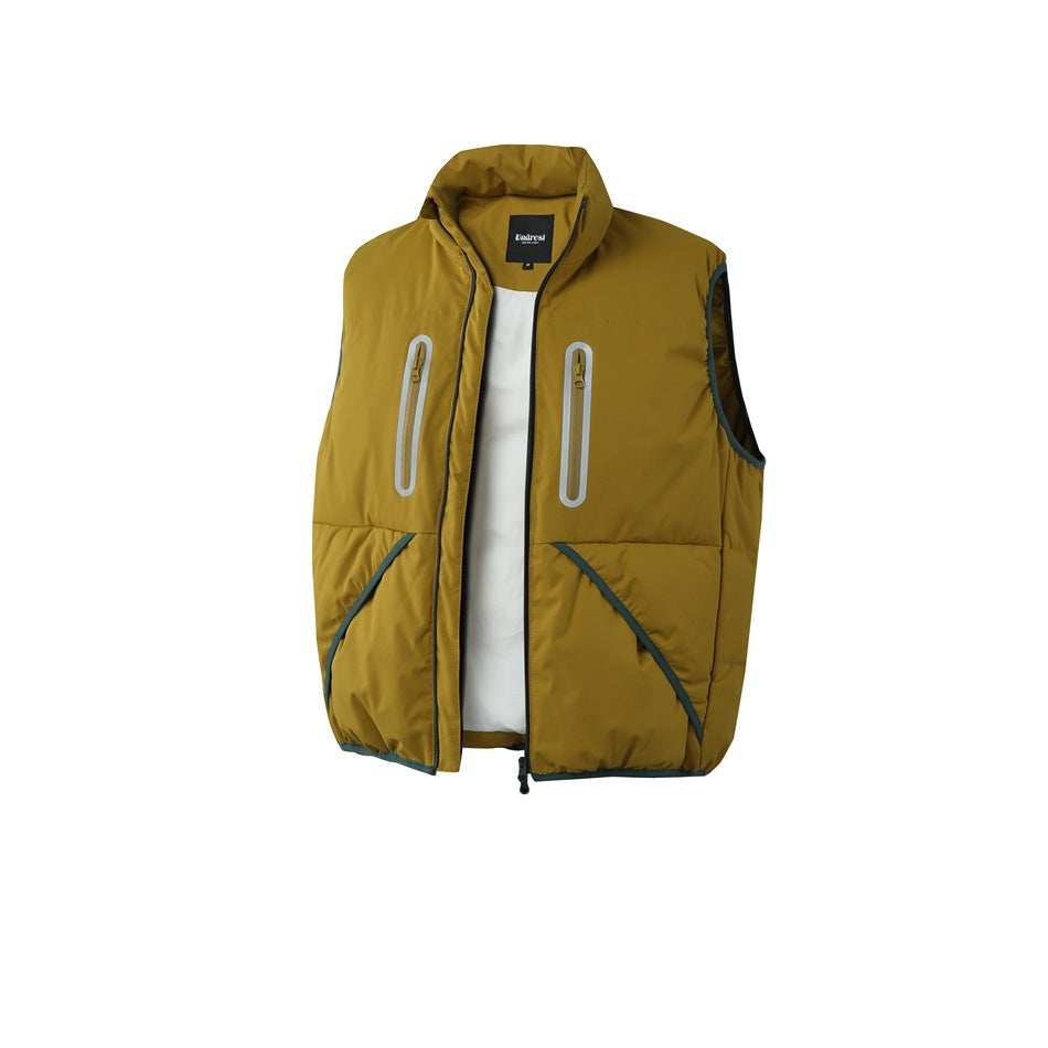 Mustard-yellow sleeveless puffer vest with a high collar, front zipper, two vertical chest pockets and curved lower pockets.