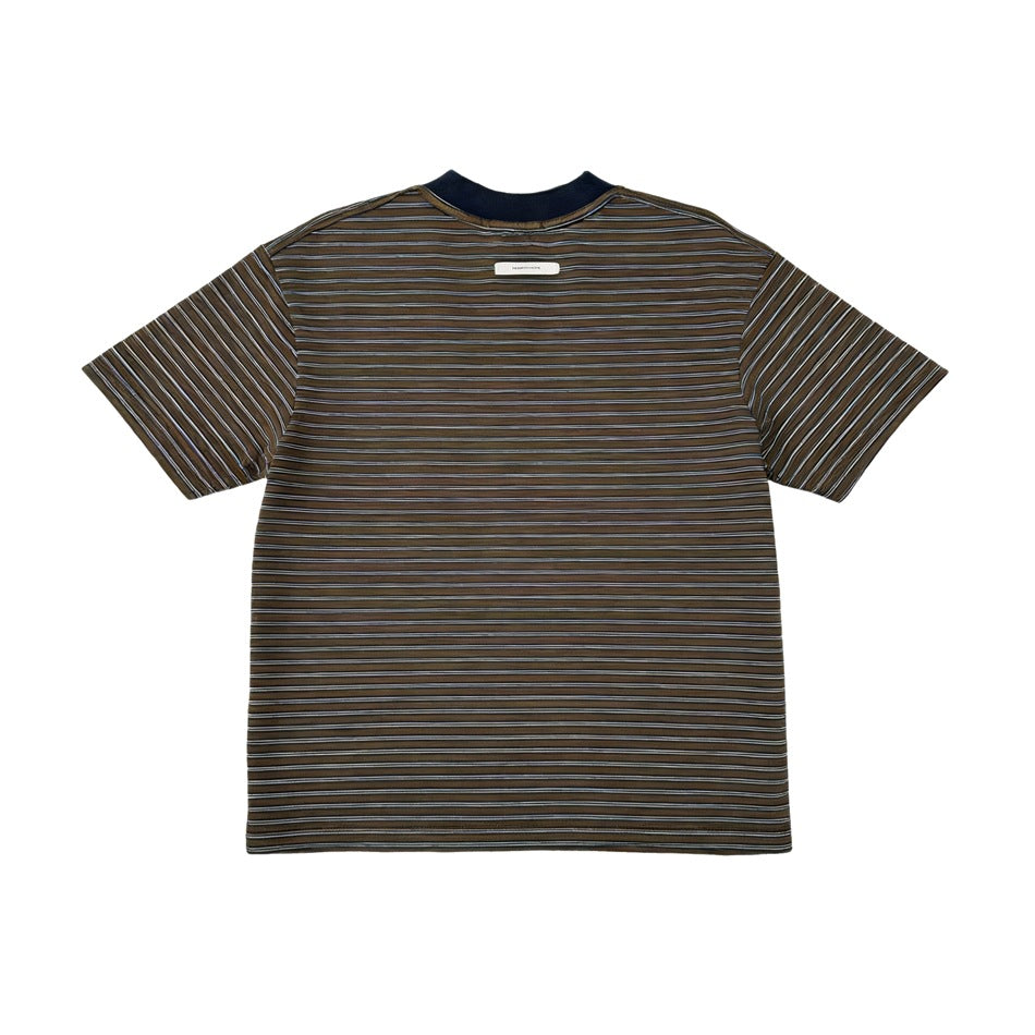 Back view of a brown striped T-shirt with dark collar and small white label patch below the neckline