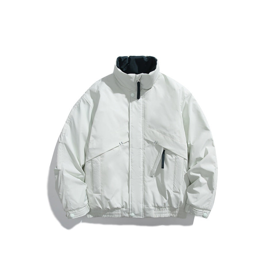 Off-white padded stand-collar jacket flat lay with dark teal collar lining, front zip and chest panels