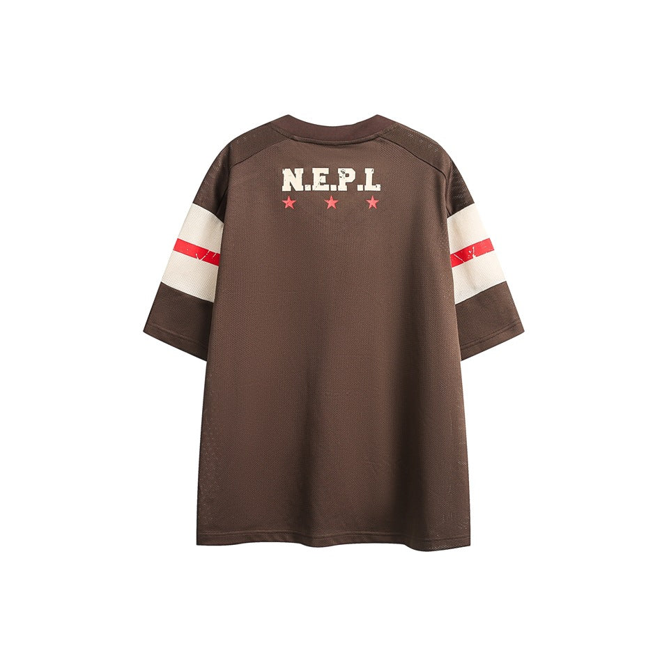 Back of brown mesh-look jersey T-shirt with N.E.P.L print, three red stars and striped sleeves