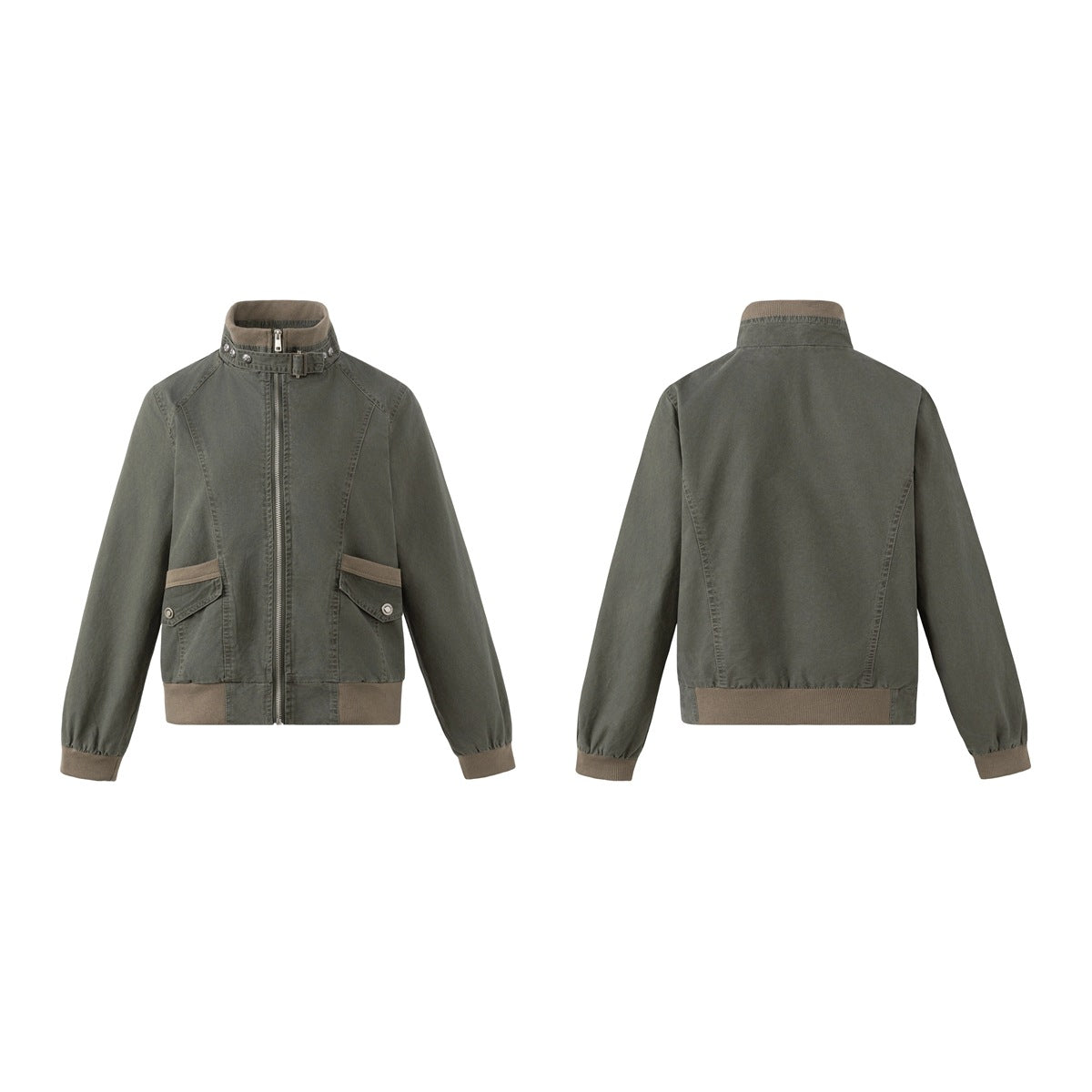Front and back views of an olive jacket with a zip front, high collar, flap pockets and taupe ribbed trim.