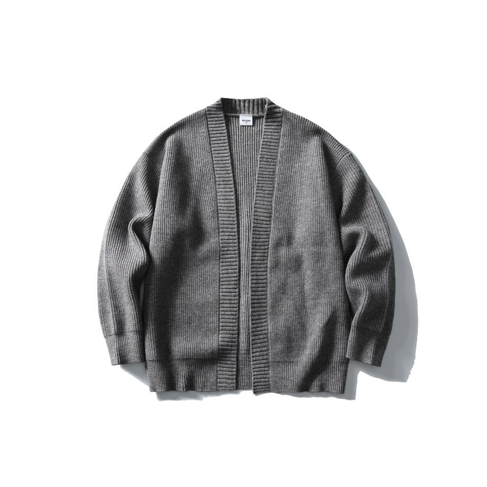 Gray ribbed-knit open-front cardigan with wide ribbed front bands, shown flat from the front