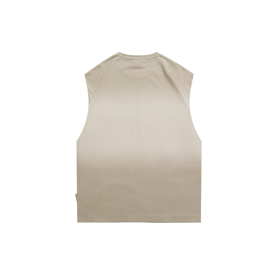 Khaki gradient-dyed sleeveless tank top, back view, plain with crew neckline