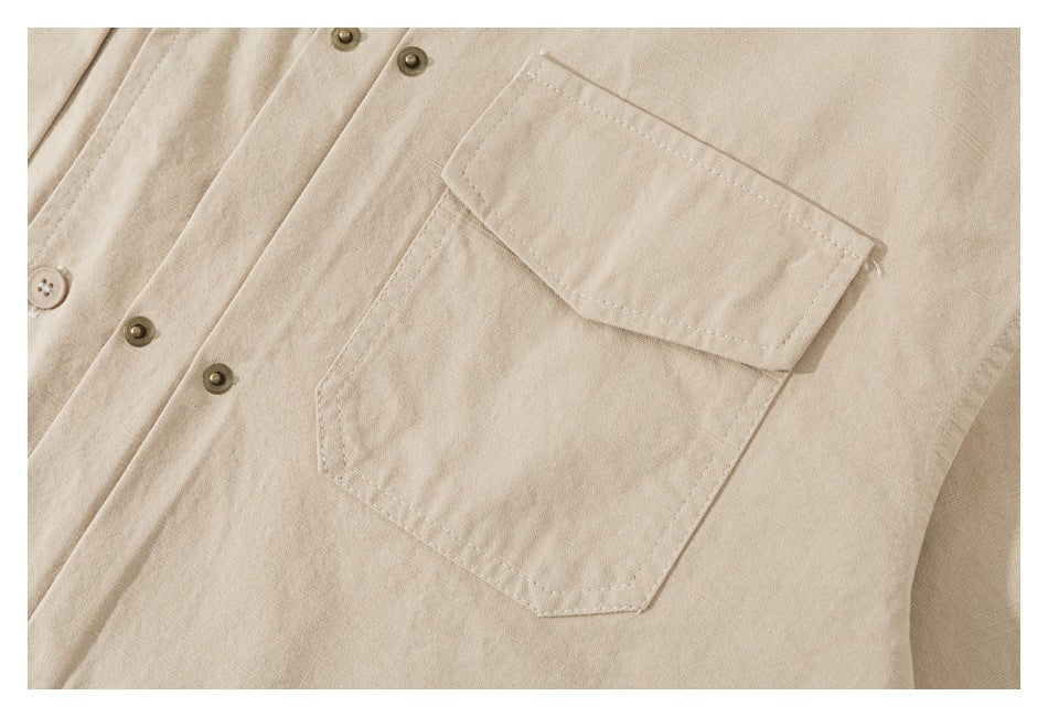 Close-up of a beige shirt's flap chest pocket and button placket.