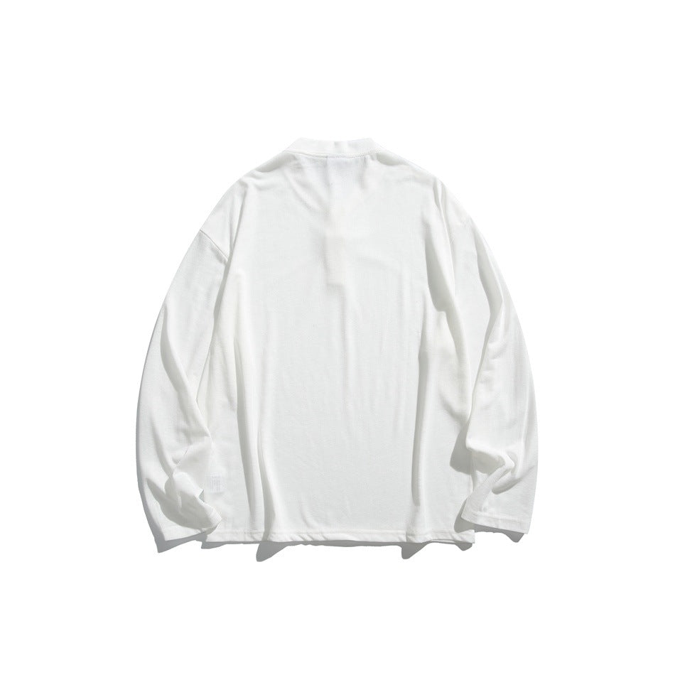 White long-sleeve top with stand collar, flat lay back view