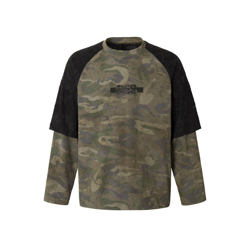 Camouflage long-sleeve crew-neck top with black raglan sleeves and layered sleeve look, front flat view