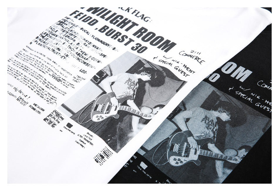 White and black T-shirts shown together, each with a large black-and-white text and musician graphic.