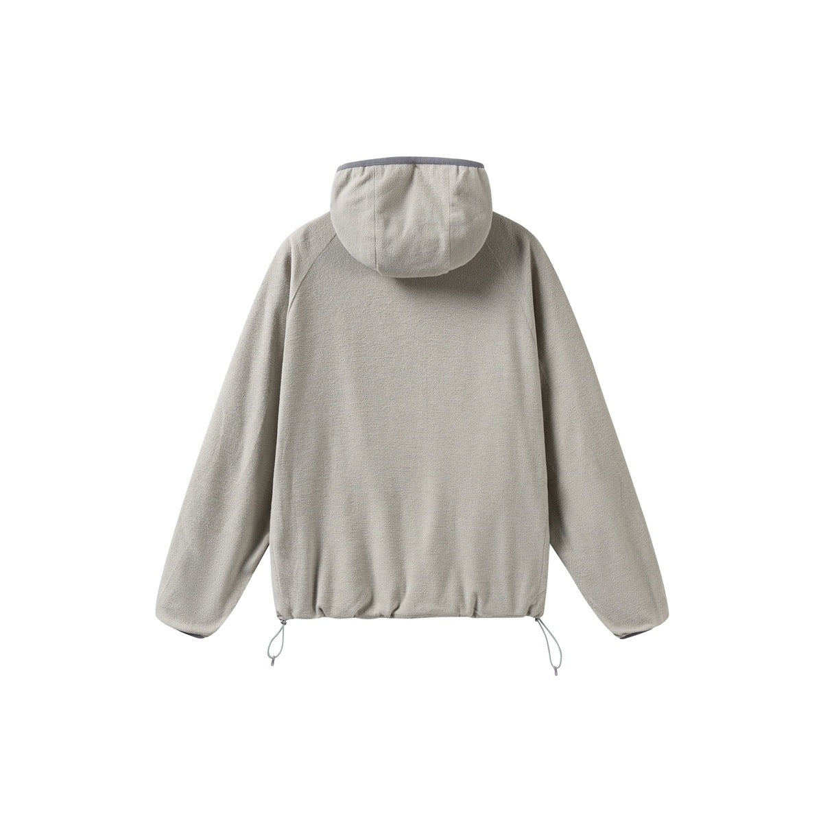 Back view of a light gray hooded jacket with long sleeves and adjustable drawcords at the hem.