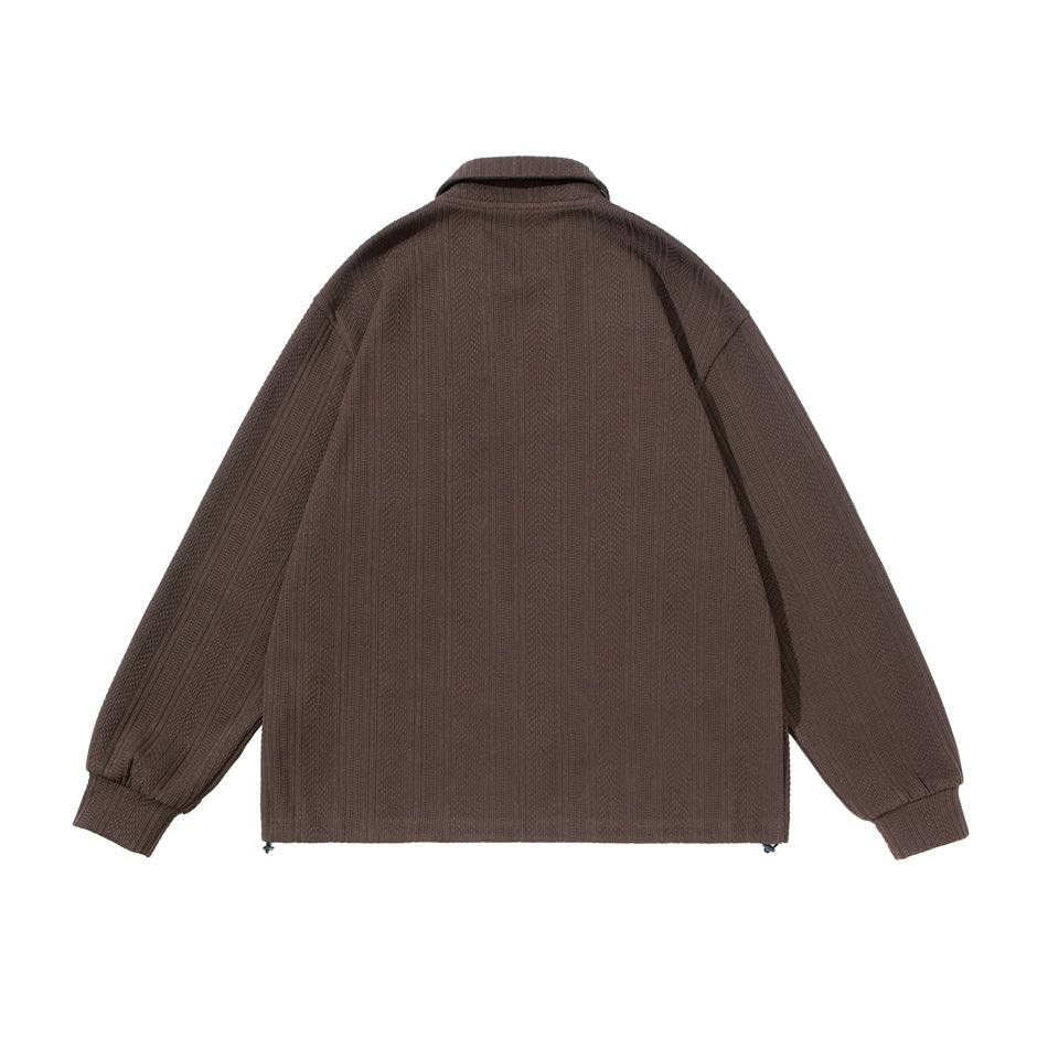 Back view of brown textured long-sleeve pullover with collar, ribbed cuffs and hem cord toggles
