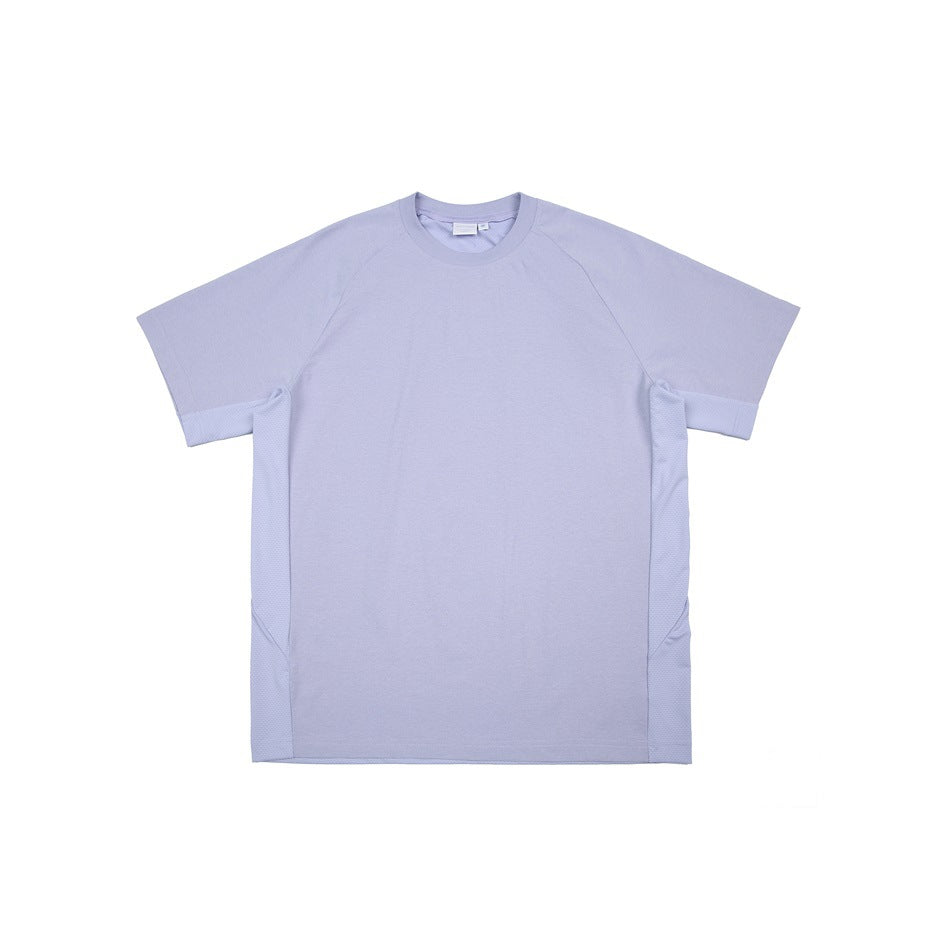 Flat lay of a lavender short-sleeve crewneck T-shirt with raglan seams and textured panels along the sides.