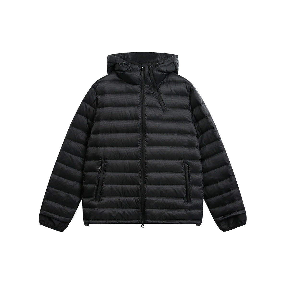 Black hooded quilted jacket, flat front view with front zipper, zip pockets and hem toggles