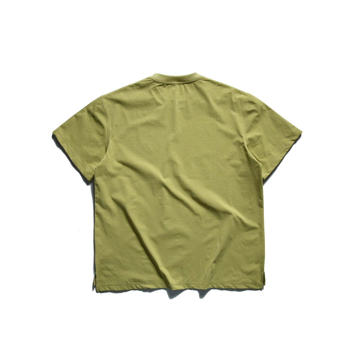 Back view of a plain olive green short-sleeve crew-neck T-shirt laid flat on a white background.