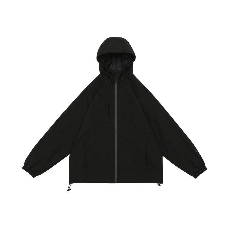 Black hooded zip-up jacket laid flat, front view with hood drawcords, chest zip pocket and elastic cuffs