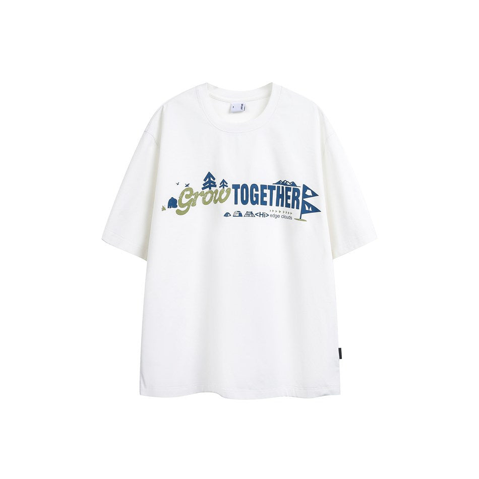White short-sleeve crew-neck T-shirt with blue and green 'Grow TOGETHER' camping graphic on the chest