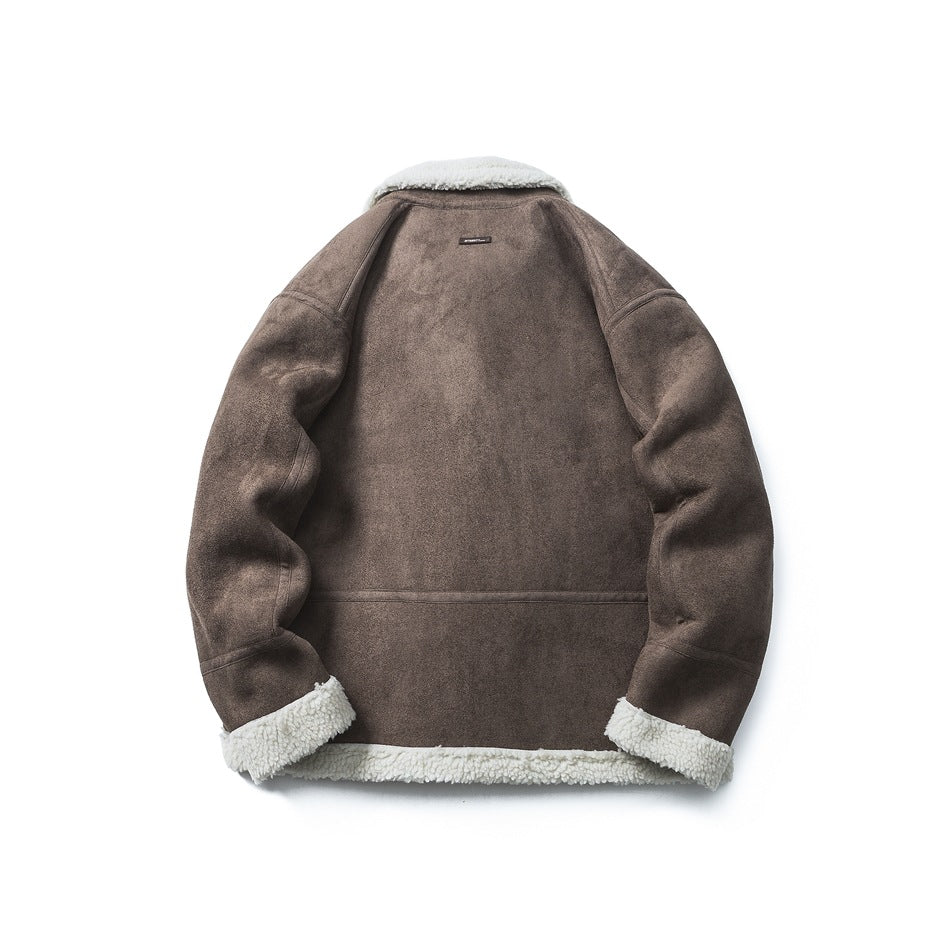 Back of a brown jacket laid flat, with cream sherpa trim at the collar, cuffs and hem.