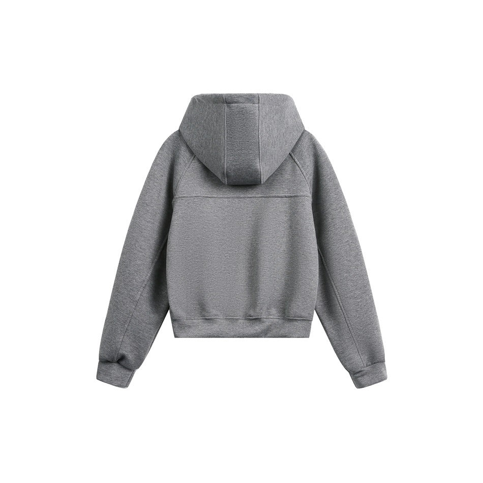 Back view of dark heather gray hooded jacket showing hood, raglan seams and ribbed hem