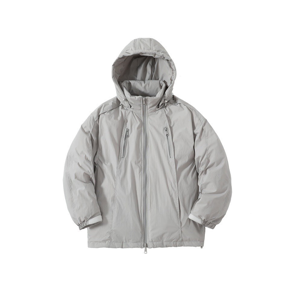 Light gray hooded zip-up jacket with chest zip pockets and elastic cuffs, front flat view