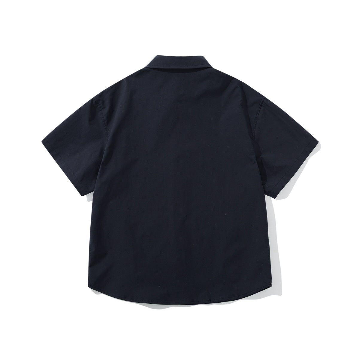 Back view of a dark navy short-sleeve button-up shirt laid flat.