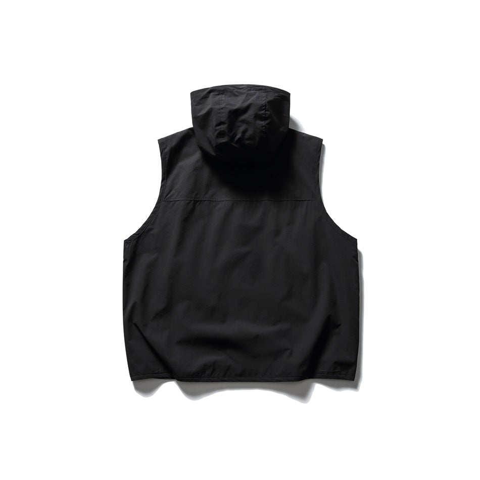 Back view of black sleeveless hooded vest showing hood and horizontal yoke seam, flat lay