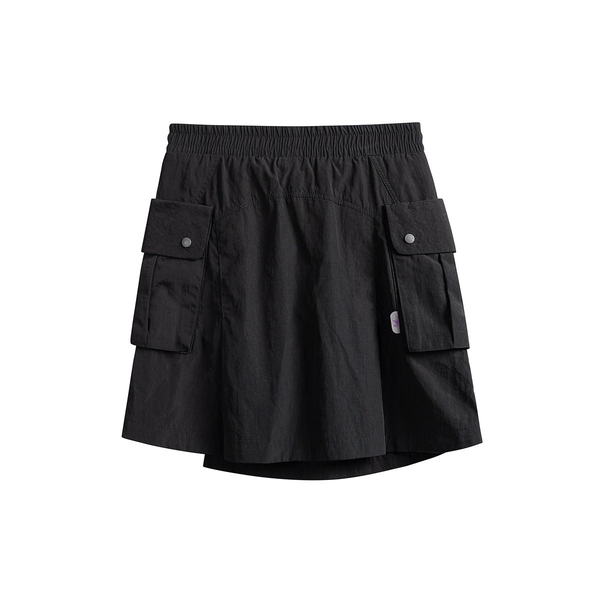 Front view of a black short skirt with an elastic waist, large snap-flap cargo pockets, and a layered hem.